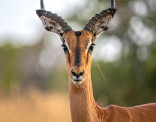 Fototapeta premium Close-up of antelope facing camera, with impressive curved horns