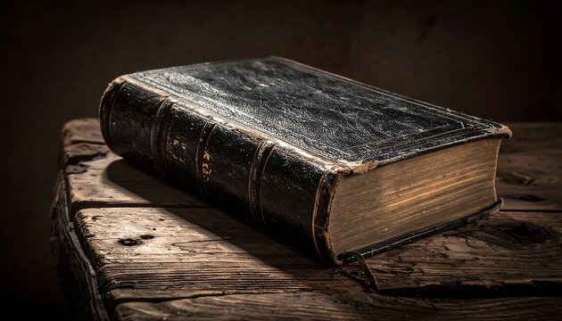 Close-up of an aged book on a weathered wooden surface - Powered by Adobe