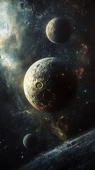 Mysterious alien planets with textured surfaces drift through a luminous cosmic nebula