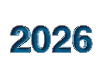 Bold blue metallic 3d numbers 2026 with a silver outline and a glossy finish isolated on transparent background