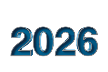 Bold blue metallic 3d numbers 2026 with a silver outline and a glossy finish isolated on transparent background