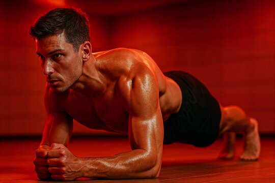 An athletic man does a plank exercise in a modern gym with infrared light. Sweating, muscle recovery, and detox concept. Perfect for a fitness trend website banner or wellness article
