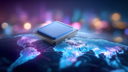 Futuristic AI processor floating above glowing Earth map, digital data streams and illuminated circuitry conveying global connectivity and advanced technology