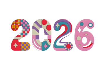 Retro psychedelic groovy font style numbers 2026 with colorful abstract patterns isolated on transparent background