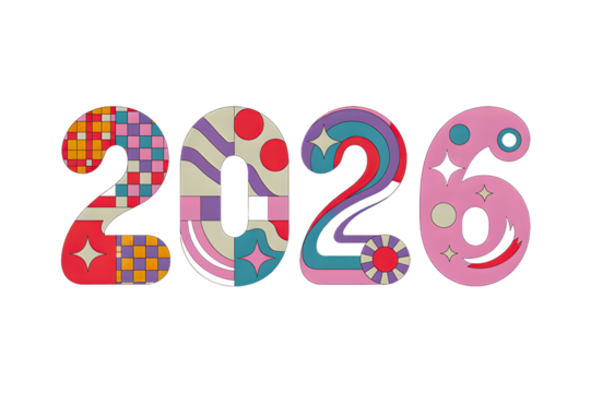 Retro psychedelic groovy font style numbers 2026 with colorful abstract patterns isolated on transparent background