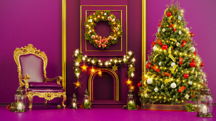 christmas tree on colored background with armchair throne
