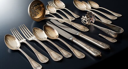 Vintage sterling silver flatware collection with ornate details.