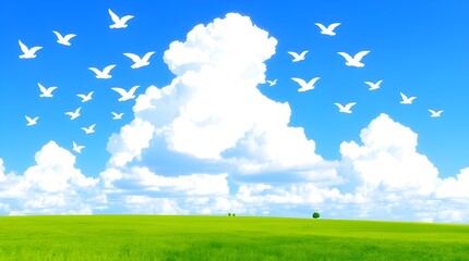 Fototapeta premium Idyllic green field under a clear blue sky with fluffy white clouds and a flock of birds soaring to represent hope and tranquility