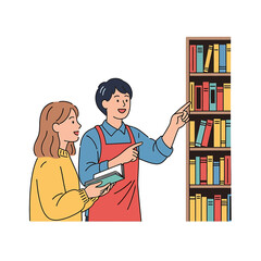 Sales assistant helping customer choose book from shelf