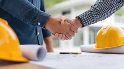 Two professionals shaking hand over blueprint on construction site conveying agreement and collaboration with yellow helmet and rolled plan nearby