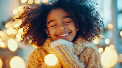 Delighted young girl with joyful closed eyes and wide smile, showcasing her beautiful curly hair and warm sweater in festive atmosphere of blurred golden lights.
