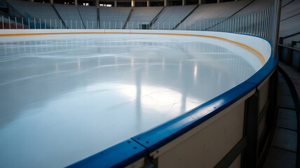 Fototapeta premium Ice hockey rink with empty seats in the background, showcasing the smooth ice surface and the blue and yellow markings of the rink