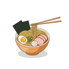 A delicious bowl of Japanese ramen noodles with pork, egg, and seaweed held by chopsticks.