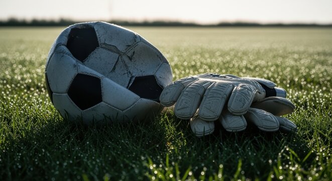 A worn soccer ball and goalkeeper gloves resting on wet grass with morning dew. Close-up of football equipment on a field after a game. Sports and athletics concept