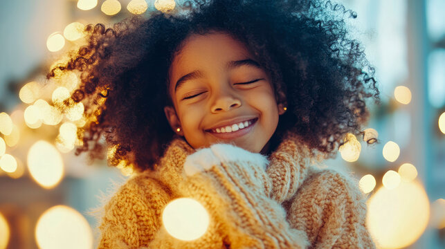 Delighted young girl with joyful closed eyes and wide smile, showcasing her beautiful curly hair and warm sweater in festive atmosphere of blurred golden lights.