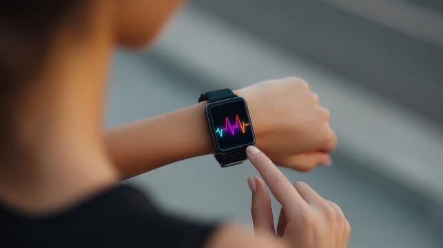 Young woman wearing smartwatch with colorful heart rate waveform on screen while checking fitness data and touching device - Powered by Adobe