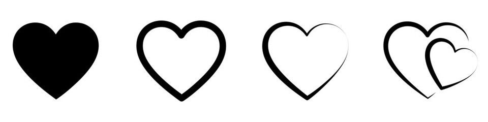 Set of heart icons in different styles: solid silhouette, thick outline, thin outline and double heart. Black icons isolated on white background. Vector illustration.