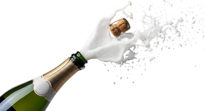 Champagne bottle cork popping with splash of champagne isolated on transparent background, celebrating success, new year, or special occasion