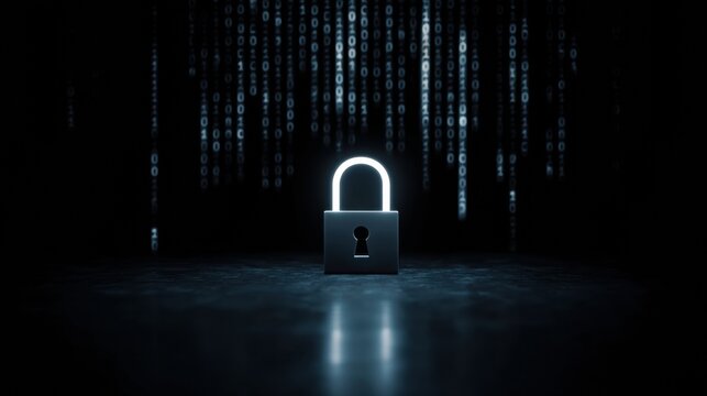 Glowing padlock digital code cyber security encryption dark background reflective floor