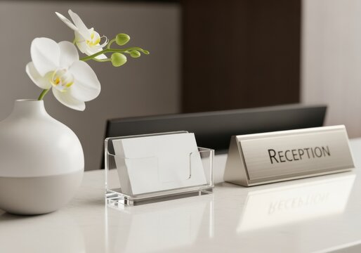 Professional reception desk with a metal sign and blank business card mockup. Modern office or hotel lobby with an orchid for a welcoming hospitality concept