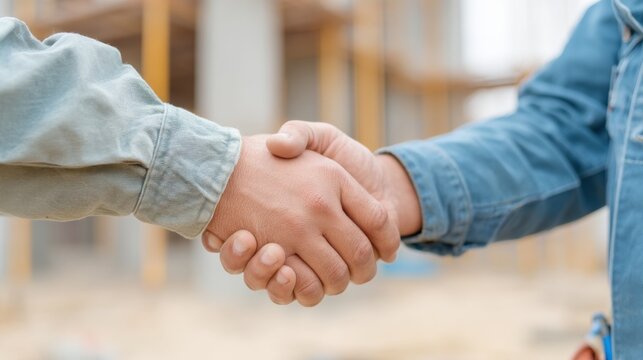 Two construction worker handshake contractor subcontractor agreement collaboration at building site, strong grip and cooperative gesture showing partnership and trust