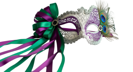 Elegant venetian masquerade mask with purple and green ribbons and peacock feathers, isolated on transparent background