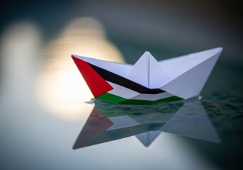 Paper boat adorned with meaningful colors gently sailing on a calm, reflective pool