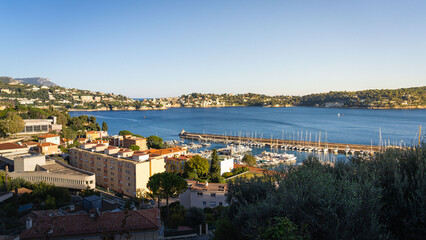 panaromic view of villefranche sur mer with sea and port during sunset