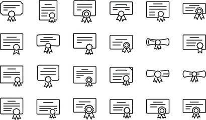 Education and School Icon Set – Learning Tools, Stationery, Classroom Equipment, Online Study, Teacher and Student Supplies, University and College Outline Symbols for Education, Learning, and Academi