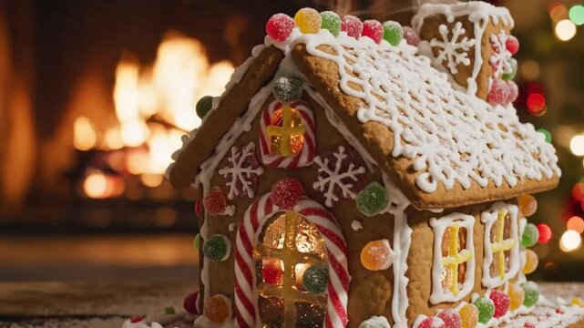 Gingerbread House Festive Delight: A beautifully crafted gingerbread house sits center stage, adorned with colorful candies and icing against a soft background.