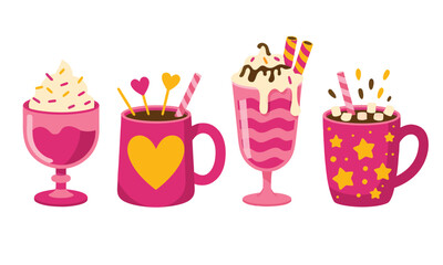 Cartoon Vector Sweet Drinks in Pink Mugs, Cute Valentine's Day or Sweet Treats Collection, 
