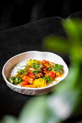 A gourmet dish featuring roasted meat, fresh cherry tomatoes, colorful vegetables, and herbs, served on a modern white plate against a dark background.