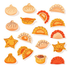 A diverse collection of colorful Asian dumplings, including wontons, gyoza, and bao, illustrated in a flat cartoon style.