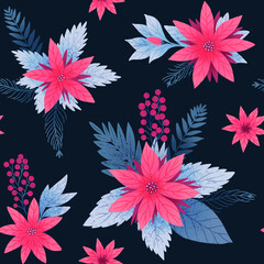Seamless pattern with pink and red poinsettia Christmas flowers on dark blue background. Elegant festive design perfect for winter holiday decor, wrapping paper, and seasonal textiles.