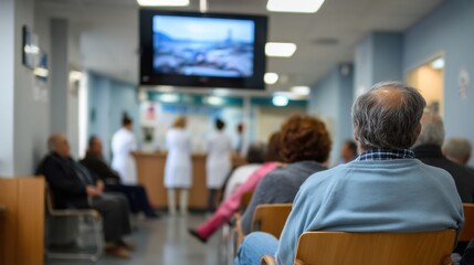 Fototapeta premium Elderly patient seated in crowded medical waiting room watching television while nurses attend reception desk, calm atmosphere and soft hospital lighting