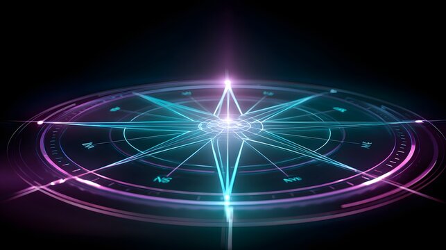 Glowing futuristic navigation device displays direction with vibrant neon illumination