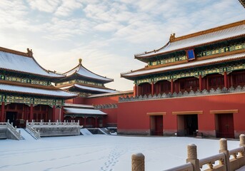 Fototapeta premium A serene winter scene of the Forbidden City in Beijing, China, with traditional imperial architecture covered in a blanket of fresh snow under a clear sky