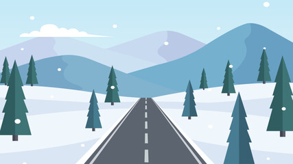 Winter Mountain Road Landscape with Snowy Pines Adobe Illustrator Artwork.