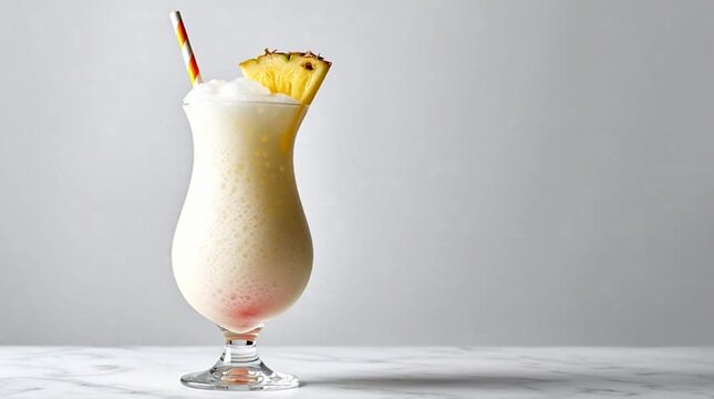 Refreshing creamy Pina Colada cocktail in hurricane glass, garnished with pineapple slice and maraschino cherry, showing red color subtly diffusing on white marble.