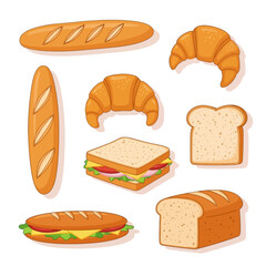 An assortment of freshly baked bread products, croissants, and sandwiches on a white background.