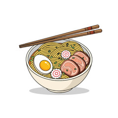 A delicious bowl of ramen noodles with sliced pork, a soft-boiled egg, and narutomaki fish cakes, served with chopsticks.