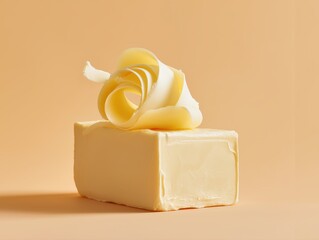 Butter block with delicate curl on neutral background