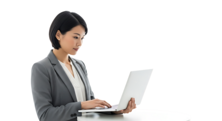 Focused businesswoman using laptop isolated on transparent background for work