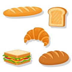 An assortment of baked goods, including bread, toast, croissant, and sandwich, isolated on white.