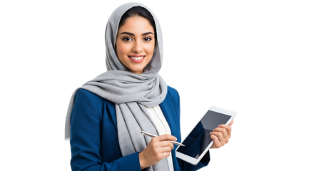 Smiling muslim businesswoman using tablet isolated on transparent background