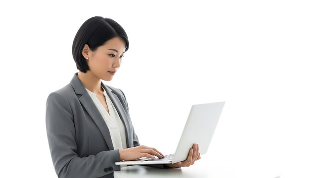 Focused businesswoman using laptop isolated on transparent background for work