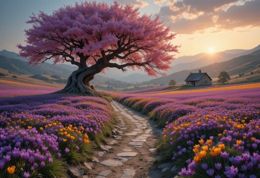  photography, natural lighting and vivid detail a surreal fantasy landscape with a wide winding path cutting through a vast field of blooming purple and golden crocus flowers