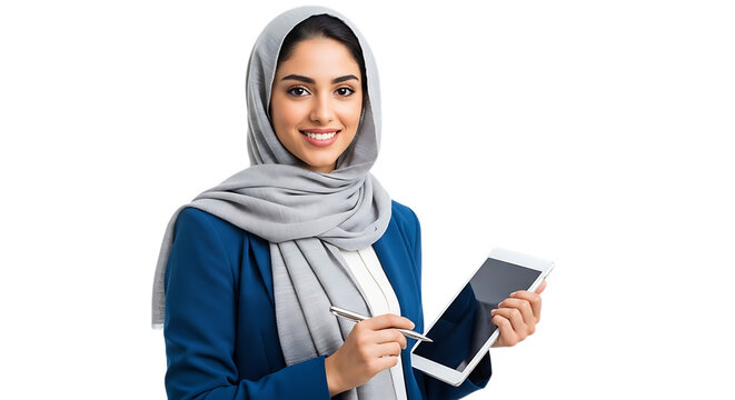 Smiling muslim businesswoman using tablet isolated on transparent background - Powered by Adobe