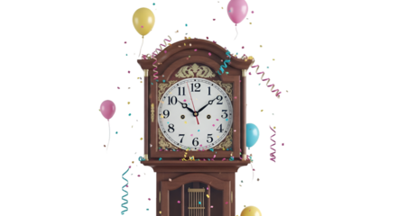 A vintage grandfather clock adorned with festive streamers and balloons, isolated on a transparent background, symbolizing celebration and the passage of time
