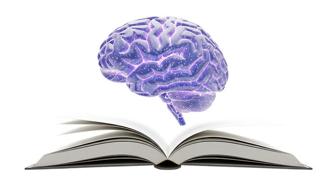 Brain illustration above an open book isolated on transparent background - Powered by Adobe